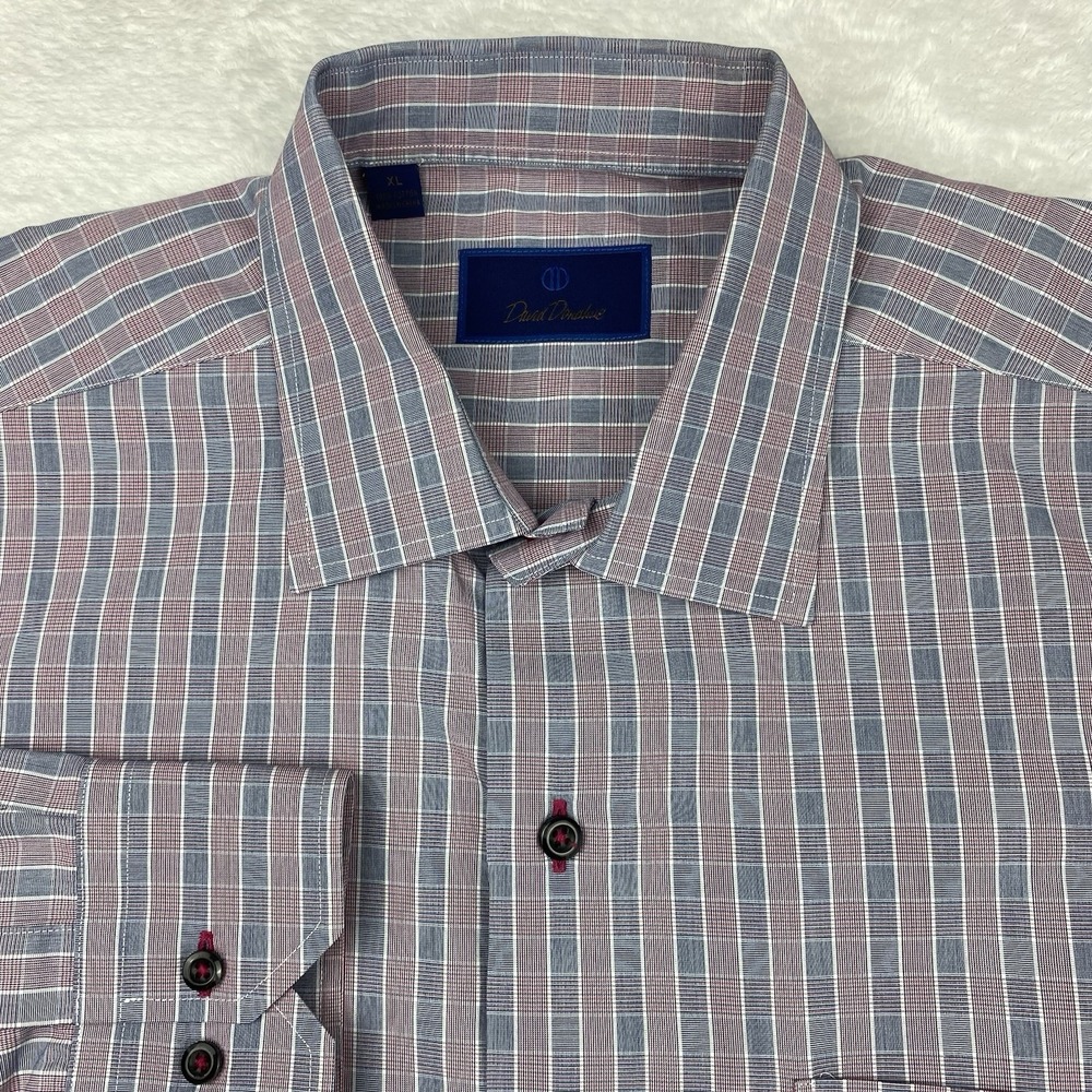 David Donahue Men's XL Dress Shirt Pink Gray Check Long Sleeve - Picture 2 of 10
